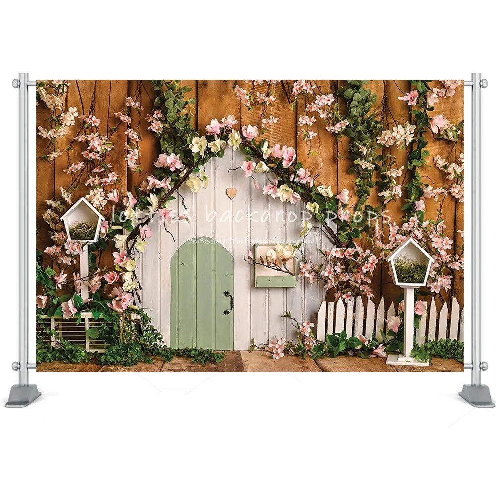 Printemps jardin grange porte photographie toile de fond lapin fleurs fenêtre en bois verdure décorations cheminée pâques arrière-plans accessoires 