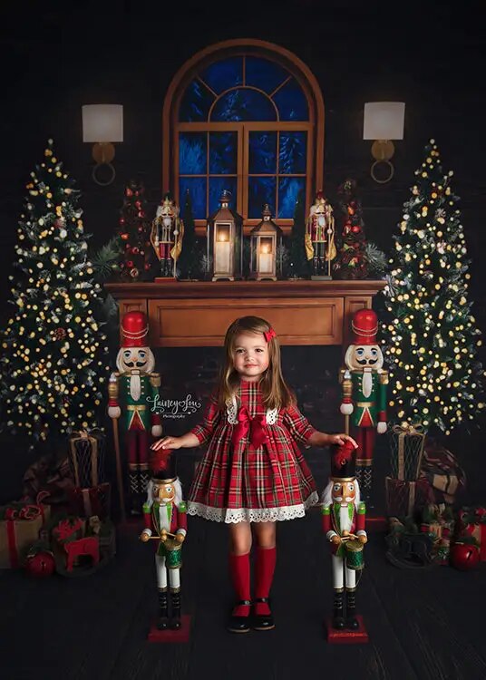 Christmas Fireplace Backdrops Kids Photography Props Child Adult Xmas Trees Evening Window Background