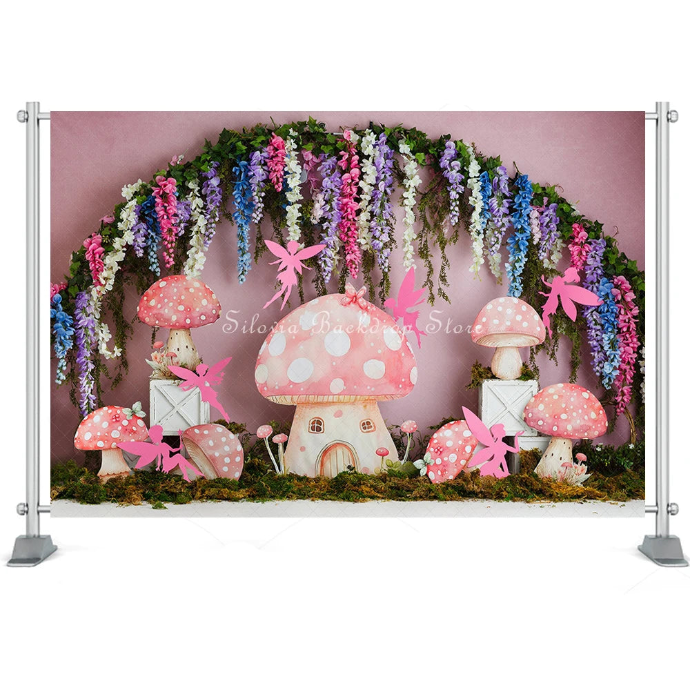 Fairy Archway Photo Background Princess Birthday Cake Smash Photography Backdrop Cute Pink Mushroom House Photo Studio Props