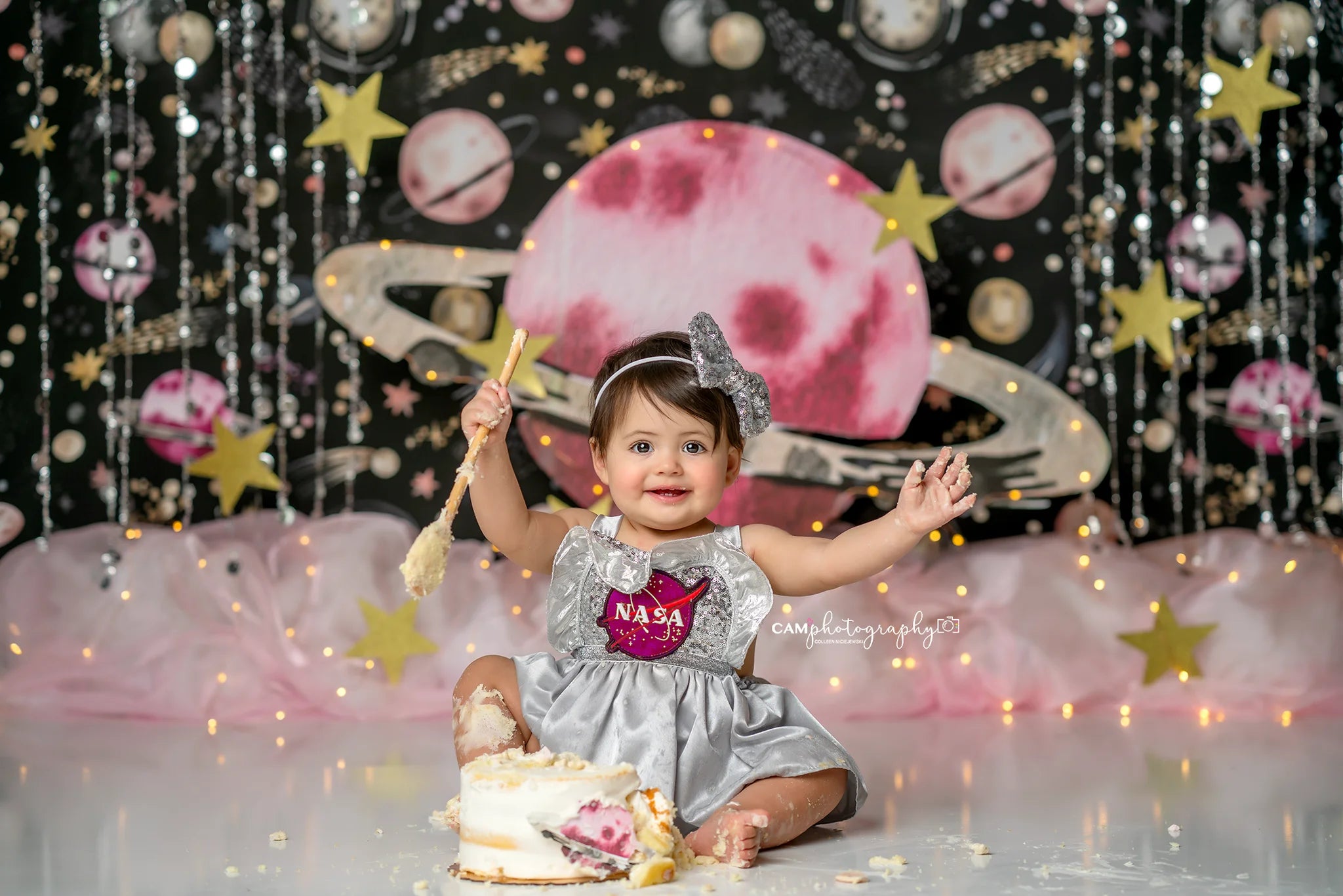 Pink Planet Backdrops Kids Baby Space Photography Props Child Birthday Cake Smash Photocall Decors Astronaut Theme Backgrounds