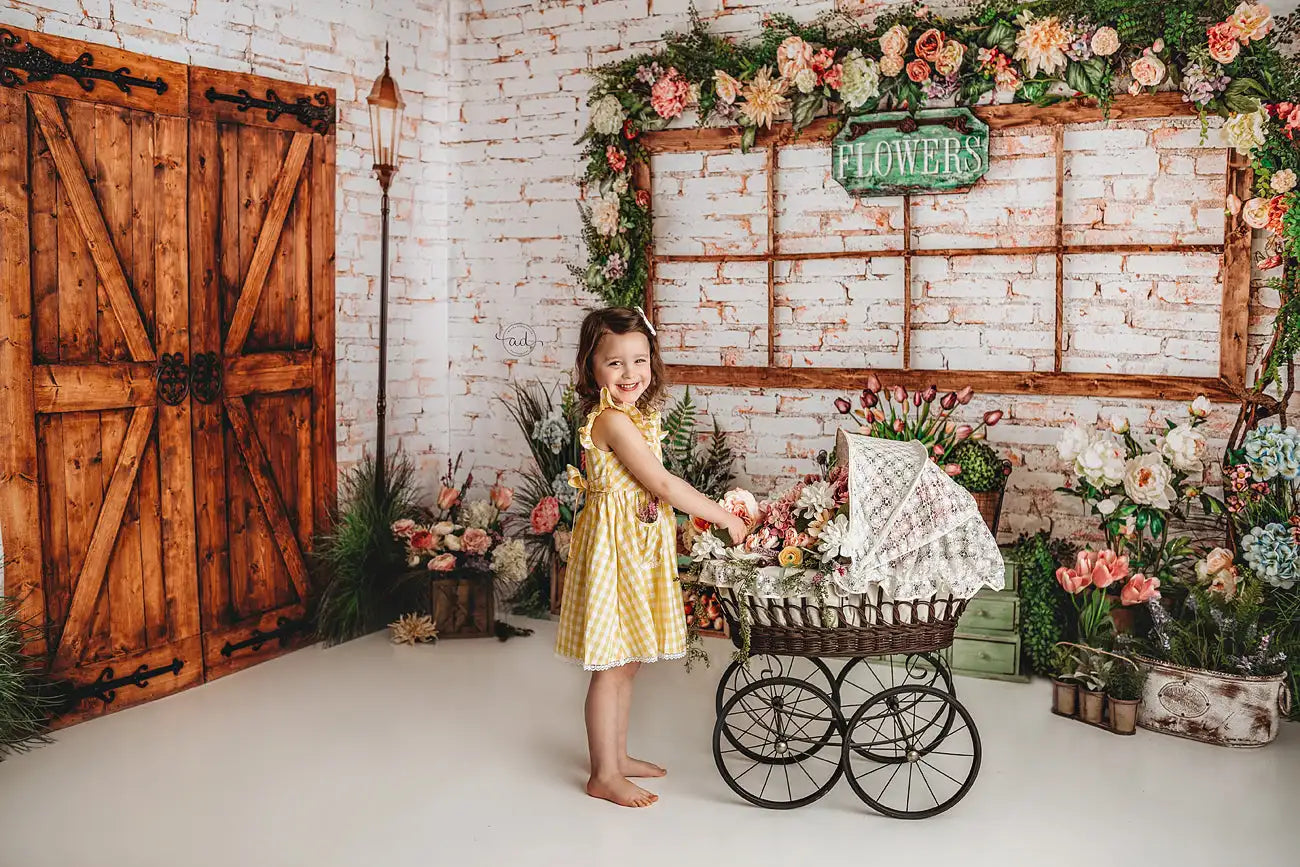 Spring Garden Backdrops Kids Girl Photography Child Baby Photocall Rose Floral Windows Wooden Door Backgrounds