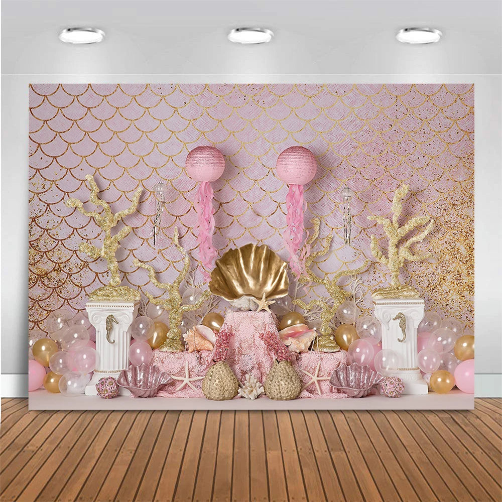 Pink and Gold Mermaid Photography Backdrop for Princess Girl's Birthday Cake Smash Photo Background Photo Studio Props