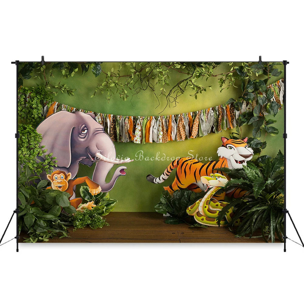 Jungle Story Animals Photo Background Tiger Elephant Decor Children Birthday Cake Smash Photography Backdrop Photo Studio Props