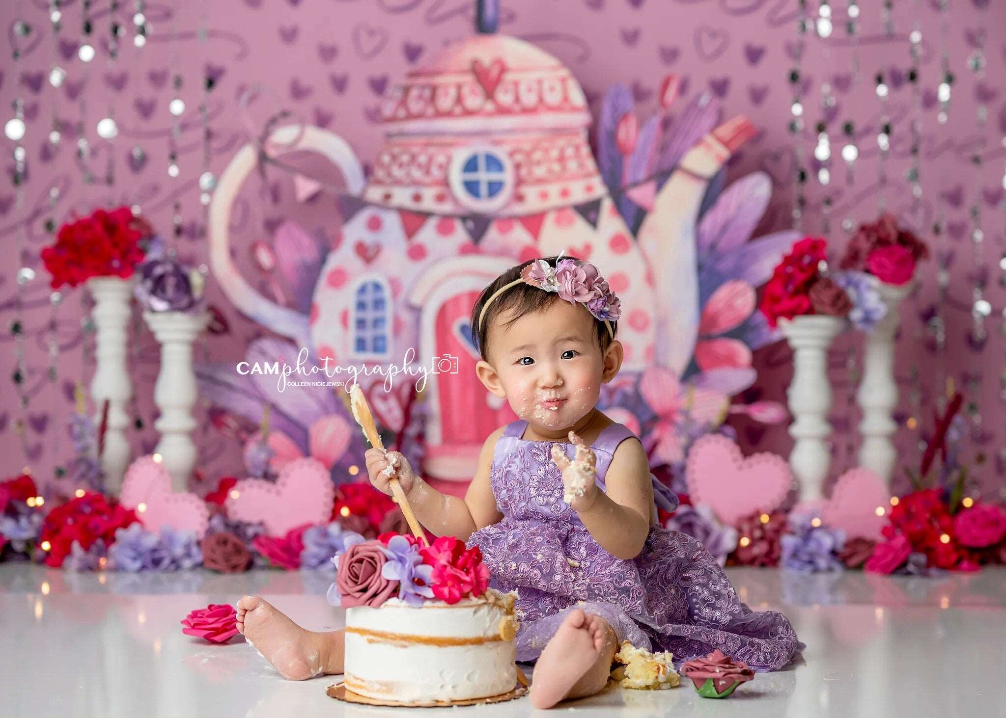 A Spot of Tea Party Backdrops Girl Kids Cake Smash Birthday Photography Child Adult Photocall Spring Pink Floral Background