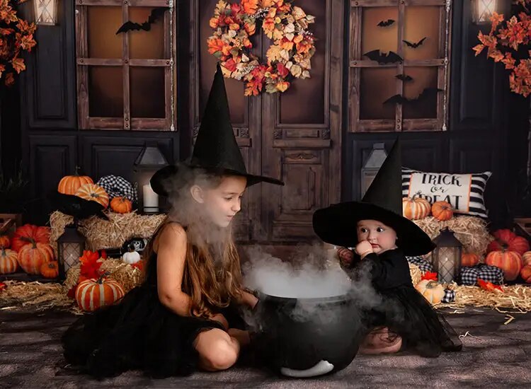 Halloween Porch Backdrops Kids Photography Fall Adult Baby Birthday Cake Smash Pumpkin Lantern Witch Bat Festival Background