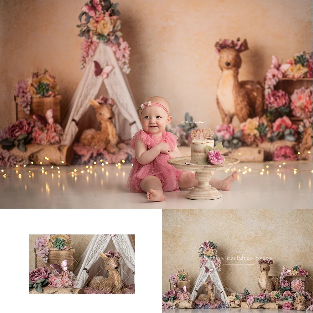 Floral Fawn Friends Backdrops Kids Baby Birthday Photography Props Child Adult Photocall Decors Backgrounds