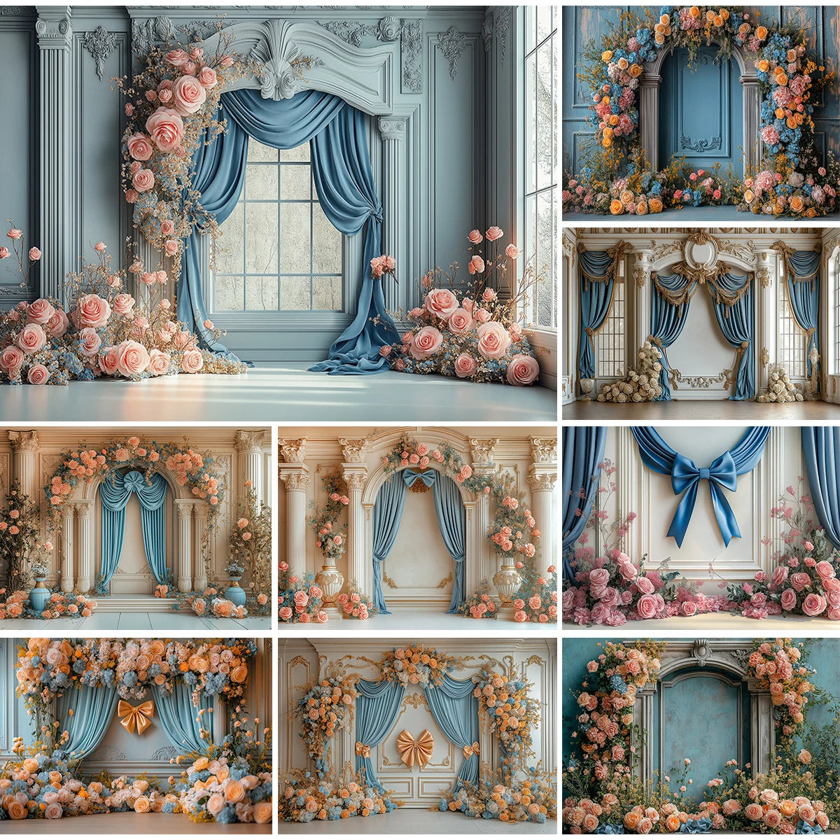 Castle Curtains Retro Wall Backdrops Kids Woman Photography Child Baby Photocall Decors Pink Rose Floral Windows Gold Background