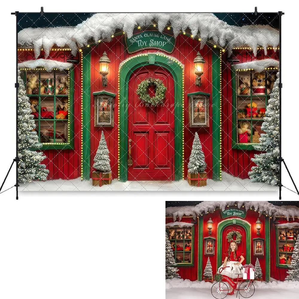 Christmas Winter Backdrop Candy Toy Shop Kids Baby Cake Smash Photography Props Snowy Street Child Adult Studio Backgrounds