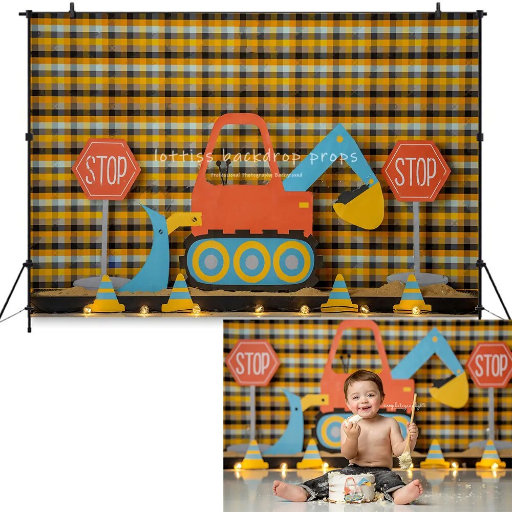 Diggin On You Excavator Backdrops Kids Baby Cake Smash Birthday Photography Props Adult Child Boy Photocall Background