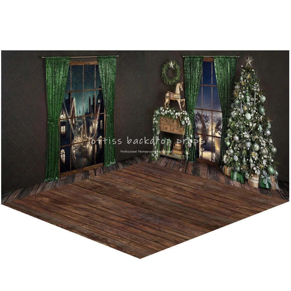 Cheerful Festivity Xmas Fireplace Backdrops Adult Portrait Kids Girl Photocall Green Window Living Room Background