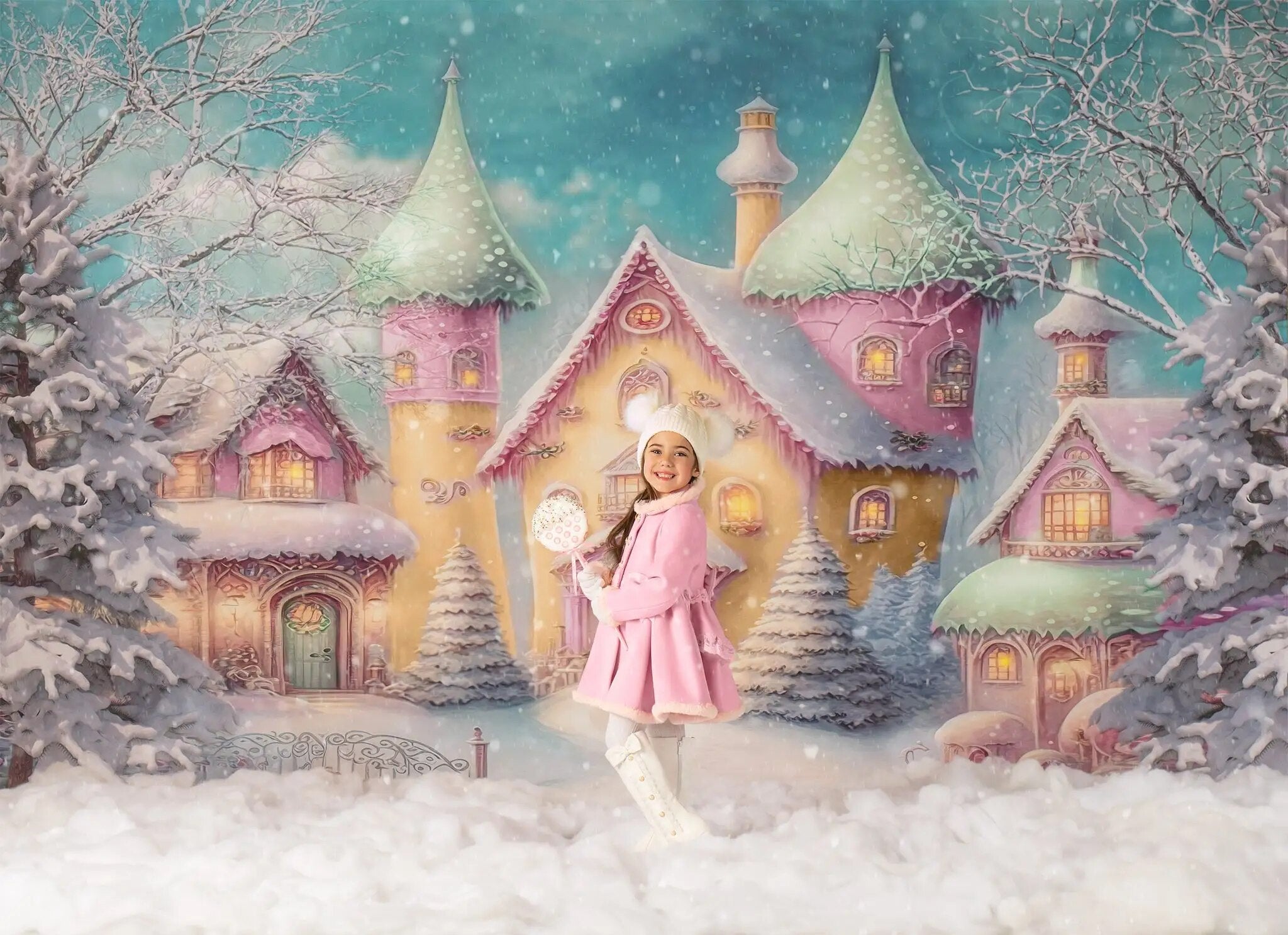 Colorful Snowy Village Backdops Kids Adult Photography Props Child Baby Xmas Photocall Winter Snowy Forest Background