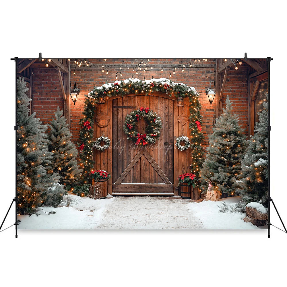 Christmas Photo Backdrop Wooden Barn Door With Fancy Trees Baby Kids Portrait Family Party Photocall Photograhy Background