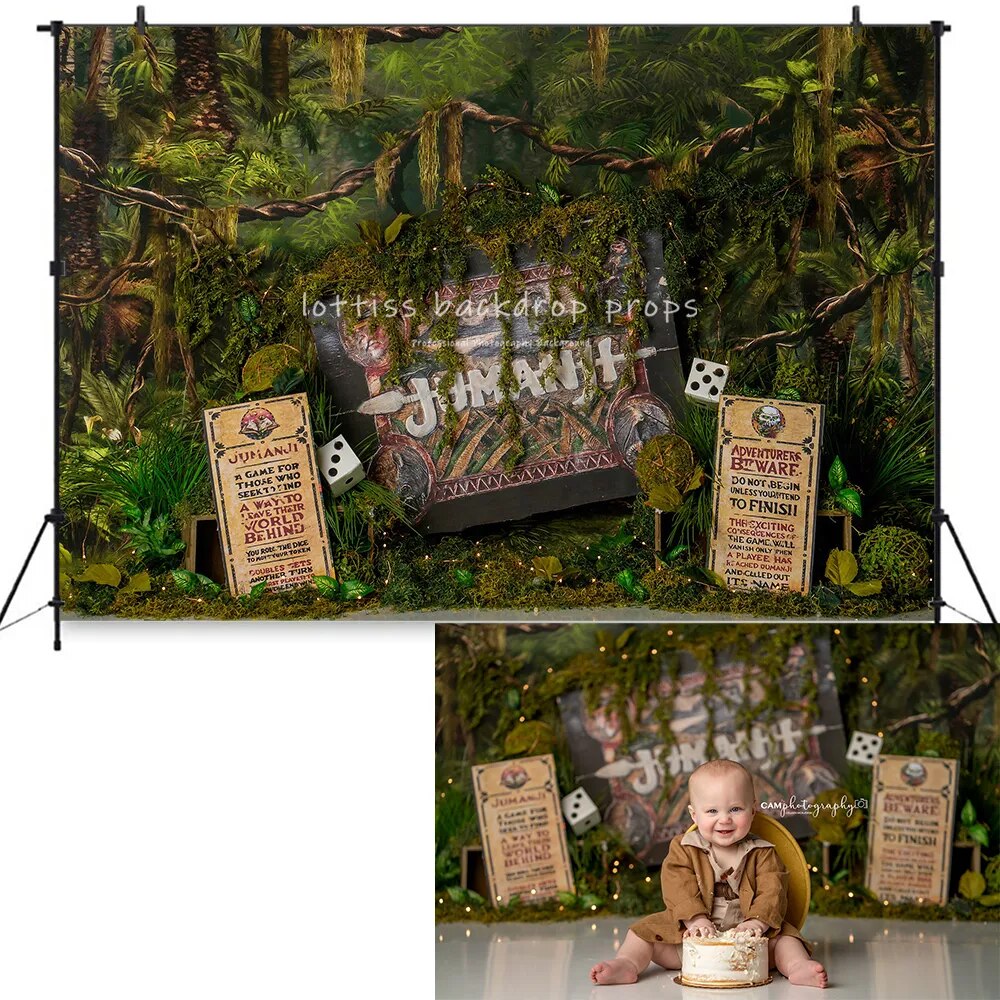 Forest Adventure Backdrops Kids Birthday Cake Smash Props Child Baby Birthday Photocall Wild Dinosaur Park Background