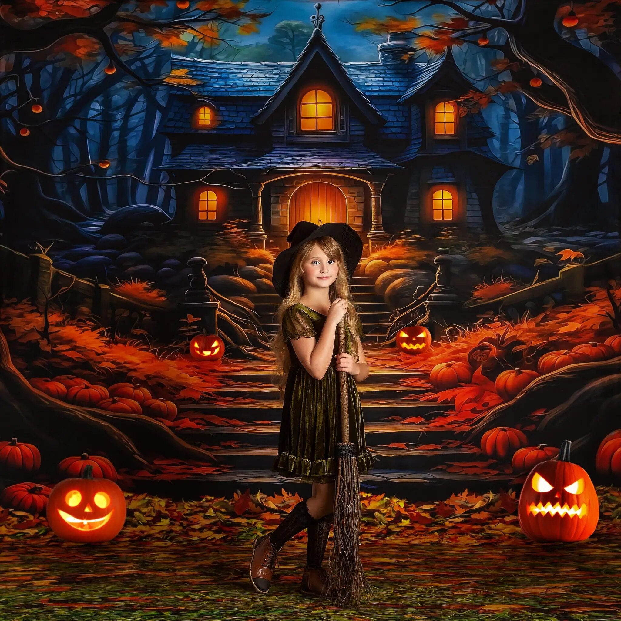 Halloween Haunted Cottage Backdrops Kids Portrait Photography Child Baby Cake Smash Fall Pumpkin Lantern Background