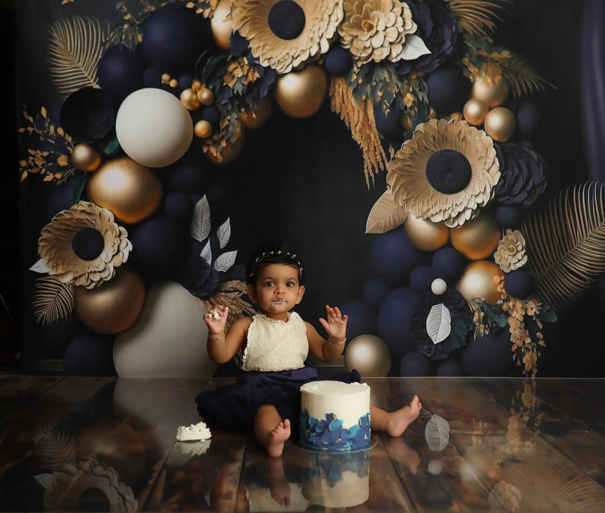 Navy Gold Floral Balloon Garland Backdrop Kids Baby Cake Smash Photography Props Child Boys Adult Birthday Backgrounds