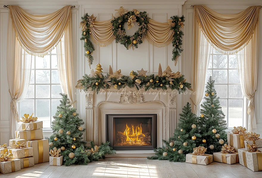 Christmas Backdrop with Fireplace and Large Window Baby Kids Portrait Family Party Photocall Photograhy Background Birthday Prop