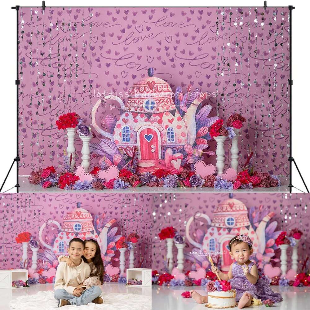 A Spot of Tea Party Backdrops Girl Kids Cake Smash Birthday Photography Child Adult Photocall Spring Pink Floral Background