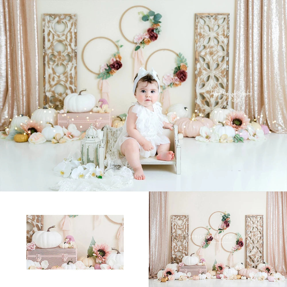 Boho Shabby Chic Spring Backdrops Kids Baby Cake Smash Photography Child Adult Photocall Decors Pink Pumpkin Backgrounds