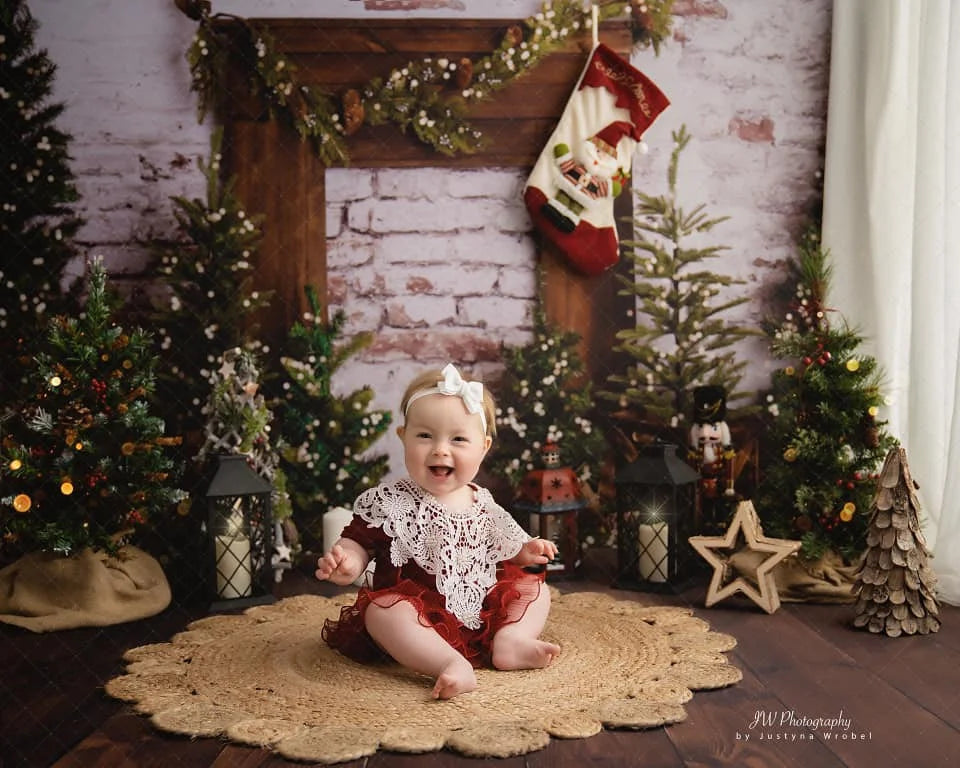 Noel Mantle Lights Christmas Tree Backdrop Kids Baby Cake Smash Photocall Decors Child Girls Adult Family Studio Backgrounds