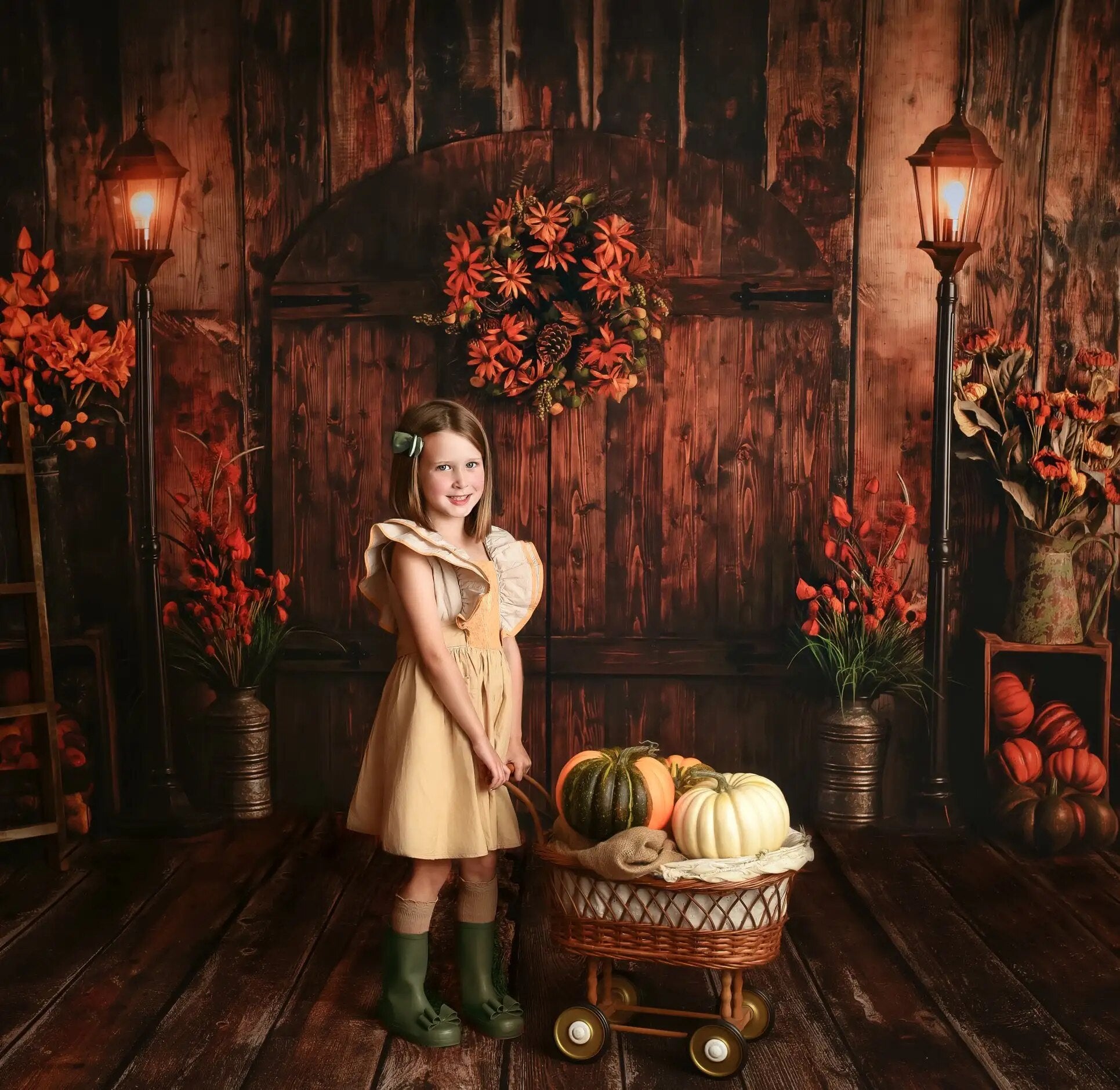 Arrière-plan de porte de grange d'automne, fenêtres d'automne, photographie de famille pour enfants, accessoires d'arrière-plan pour séance photo d'anniversaire de bébé, Halloween 