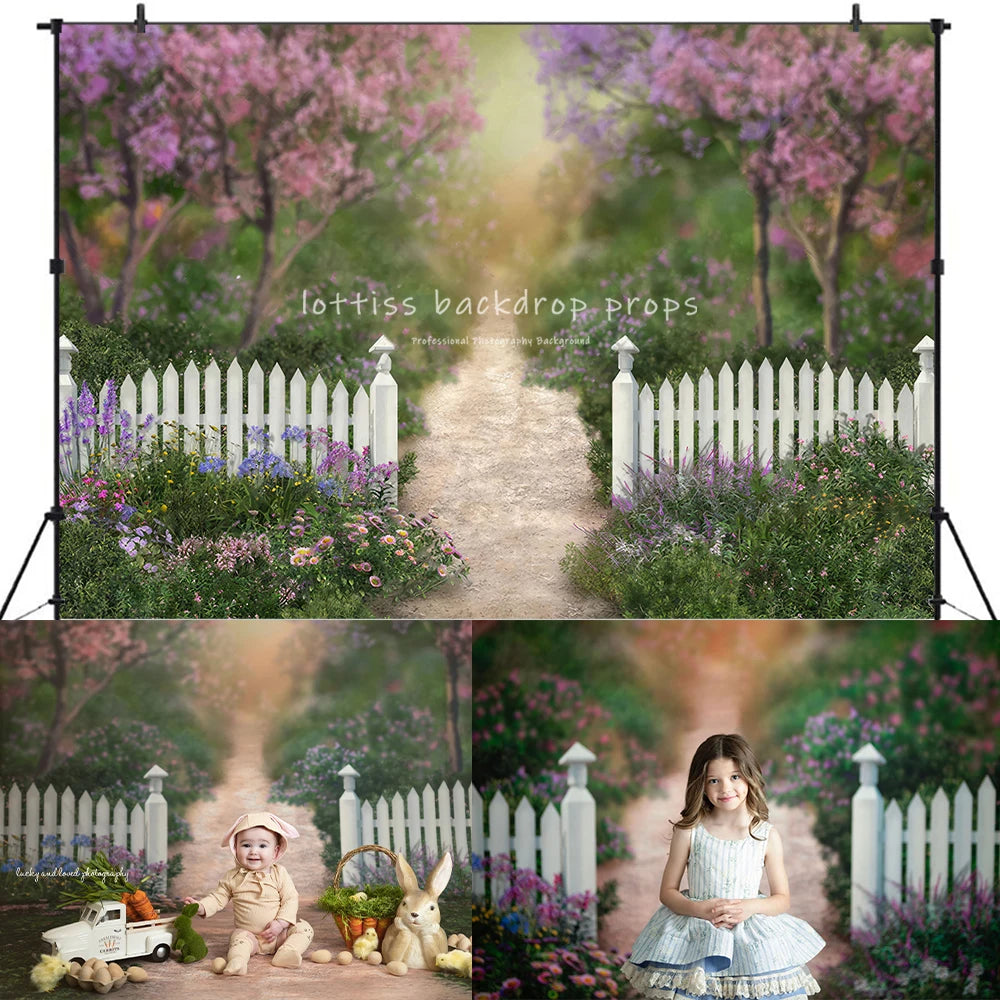 Wonderland Spring Gate Backdrops Kids Girl Photography Props Child Adult Photocall Baby Kids Photocall Floral Garden Background