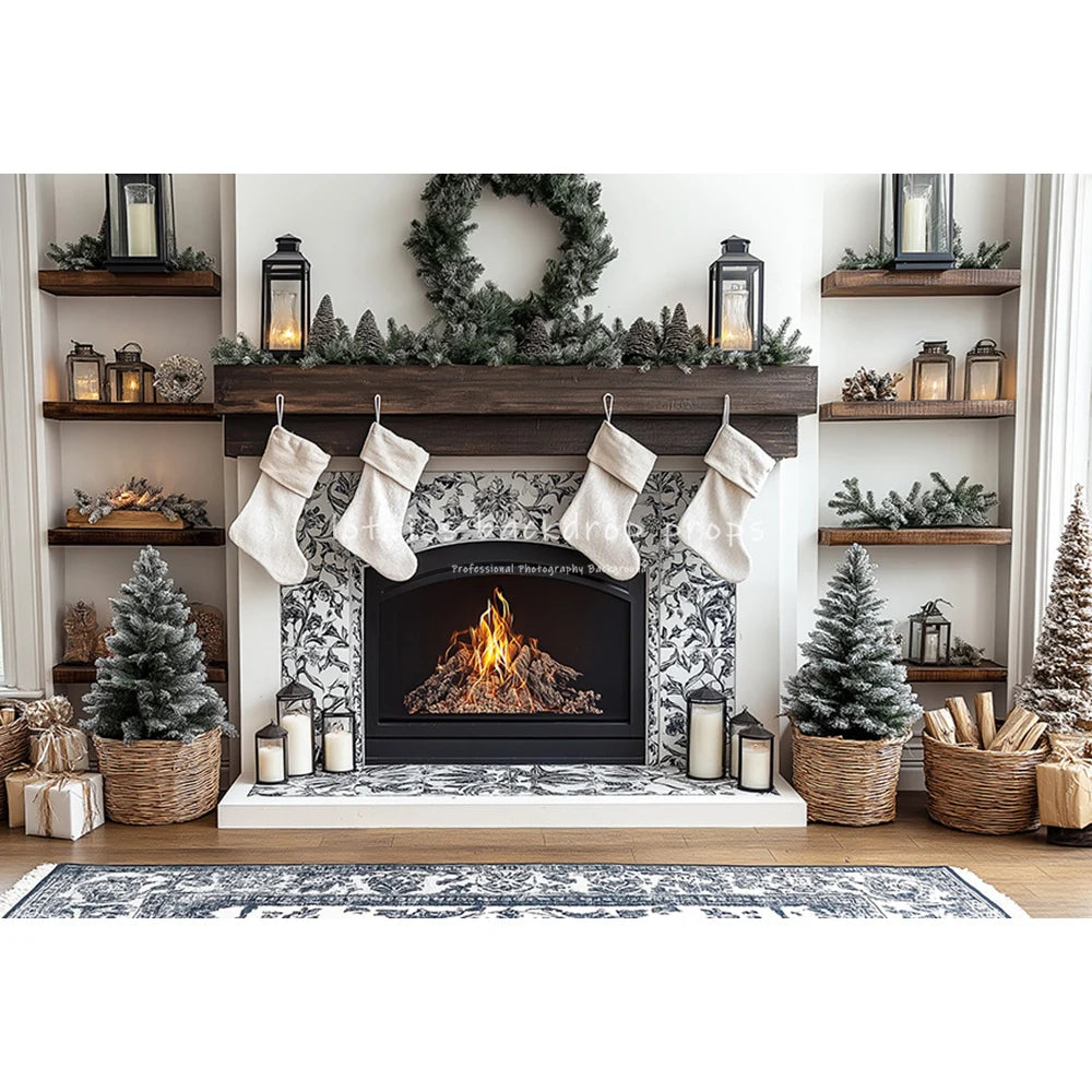 Christmas Trees Room Backdrops Kids Family Photography Child Adult Photocall Winter Fireplace Retro Cottage Backgrounds