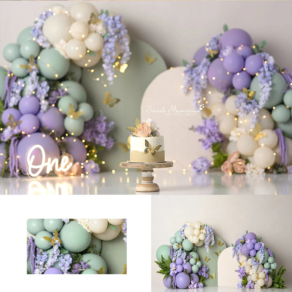 Spring Green  Purple Floral Butterfly Garden Backdrops Kids Baby Photocall Child Photography Cake Smash Balloons Backgrouds