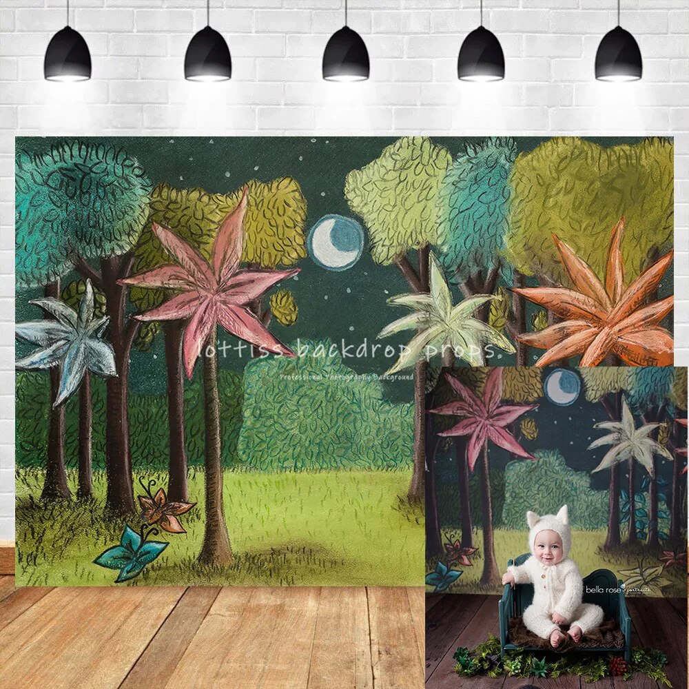 Arrière-plan de Jungle sauvage, gâteau pour enfants, accessoires de séance photo, roi de la forêt, lune, arrière-plan de fête d'anniversaire pour enfant, studio photo