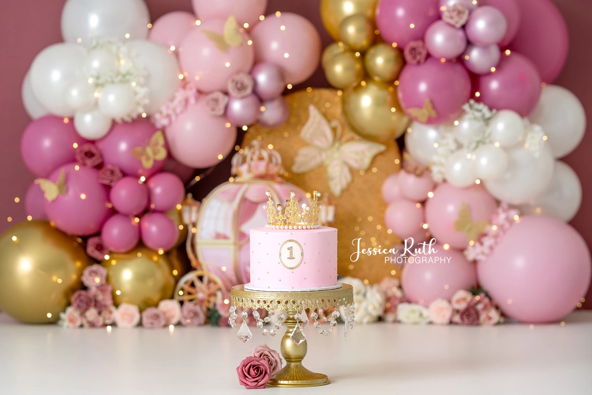 Pink Gold Princess Balloons Backdrop Butterfly Child Adult Birthday Photo Shoot Backgrounds Kids Baby Cake Smash Photocall Decor