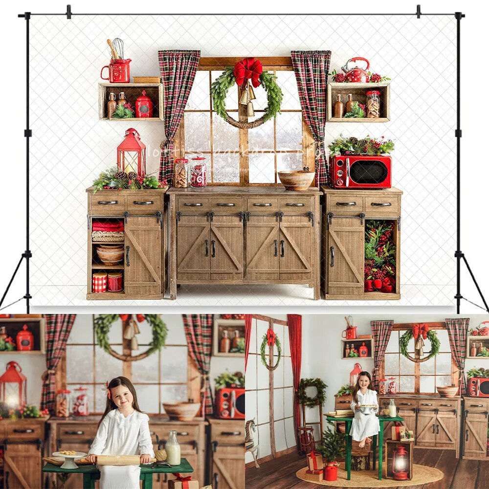 Arrière-plan de cuisine de noël pour vacances fraîches, accessoires de photographie pour enfants et bébés, arrière-plan de noël pour famille adulte 