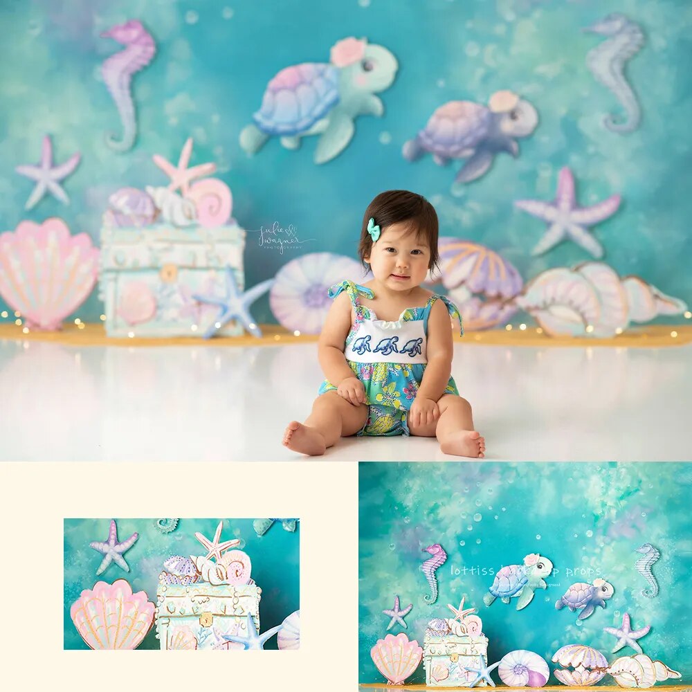 Trésors de tortue de mer toile de fond enfants bébé photographie enfant adulte Photocall gâteau d'anniversaire Smash accessoires sous-marin sirène arrière-plan 