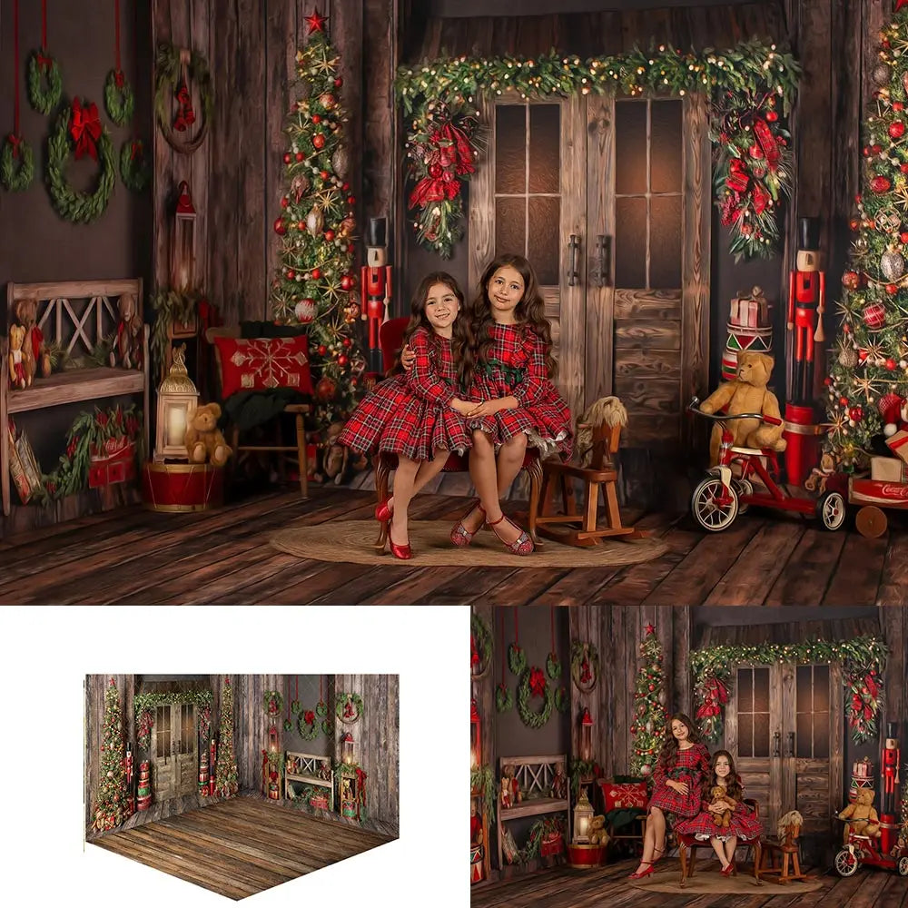 Christmas Wooden House Photography Backdrop Wreath and Garlands Decorated Child Baby Birthday Cake Smash Photocall Decor