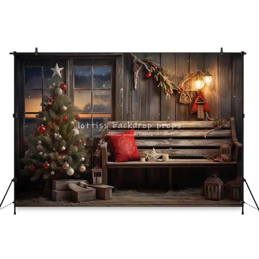 Arrière-plan de fenêtre rouge de noël, accessoires de photographie pour enfants et bébés, pour séance photo, arbres de noël, chaises longues, décors 