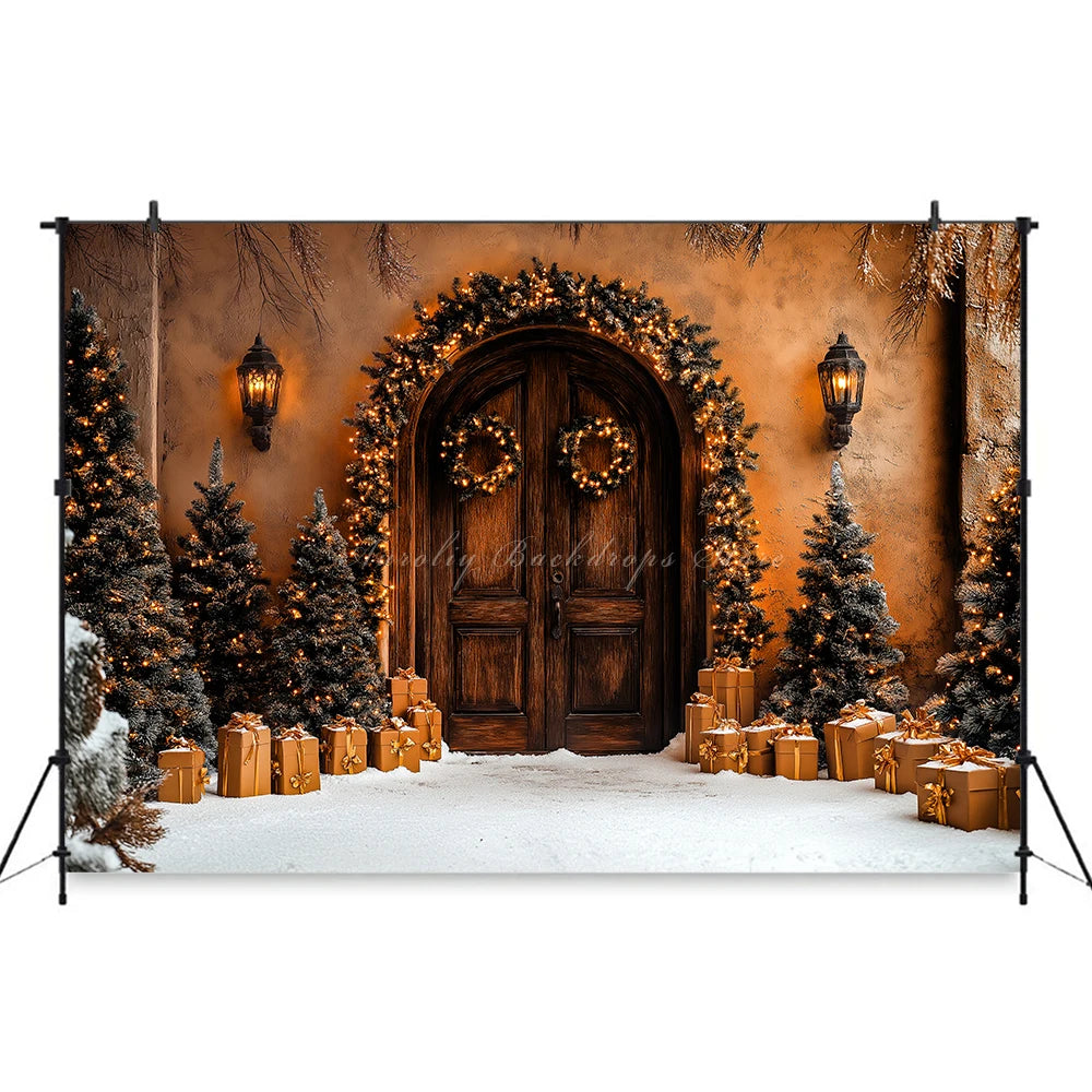 Christmas Photo Backdrop Wooden Barn Door With Fancy Trees Baby Kids Portrait Family Party Photocall Photograhy Background