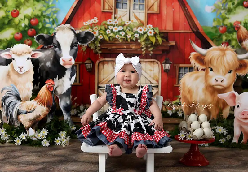 Farm Theme Backdrop Red Barn and Animals Kids Baby Cake Smash Photocall Decors Child Girls Adult Birthday Backgrounds