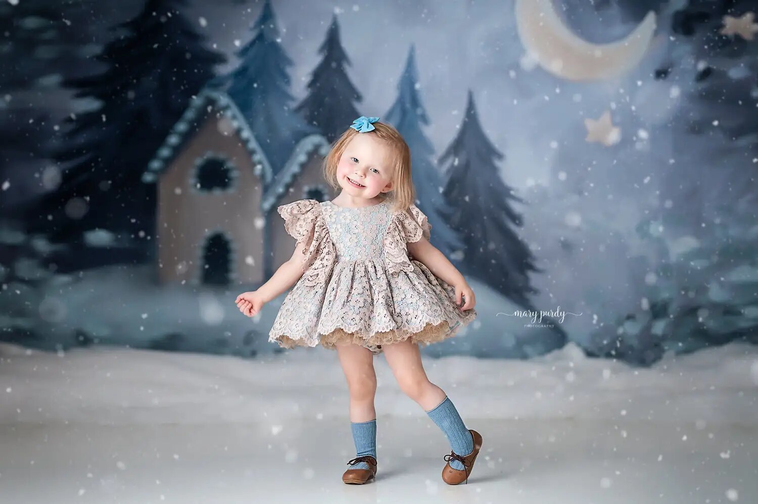 Arrière-plan de nuit enneigée d'hiver pour photographie d'enfants et d'adultes, accessoires de séance photo en famille, décor de maison en flocon de neige pour studio photo 