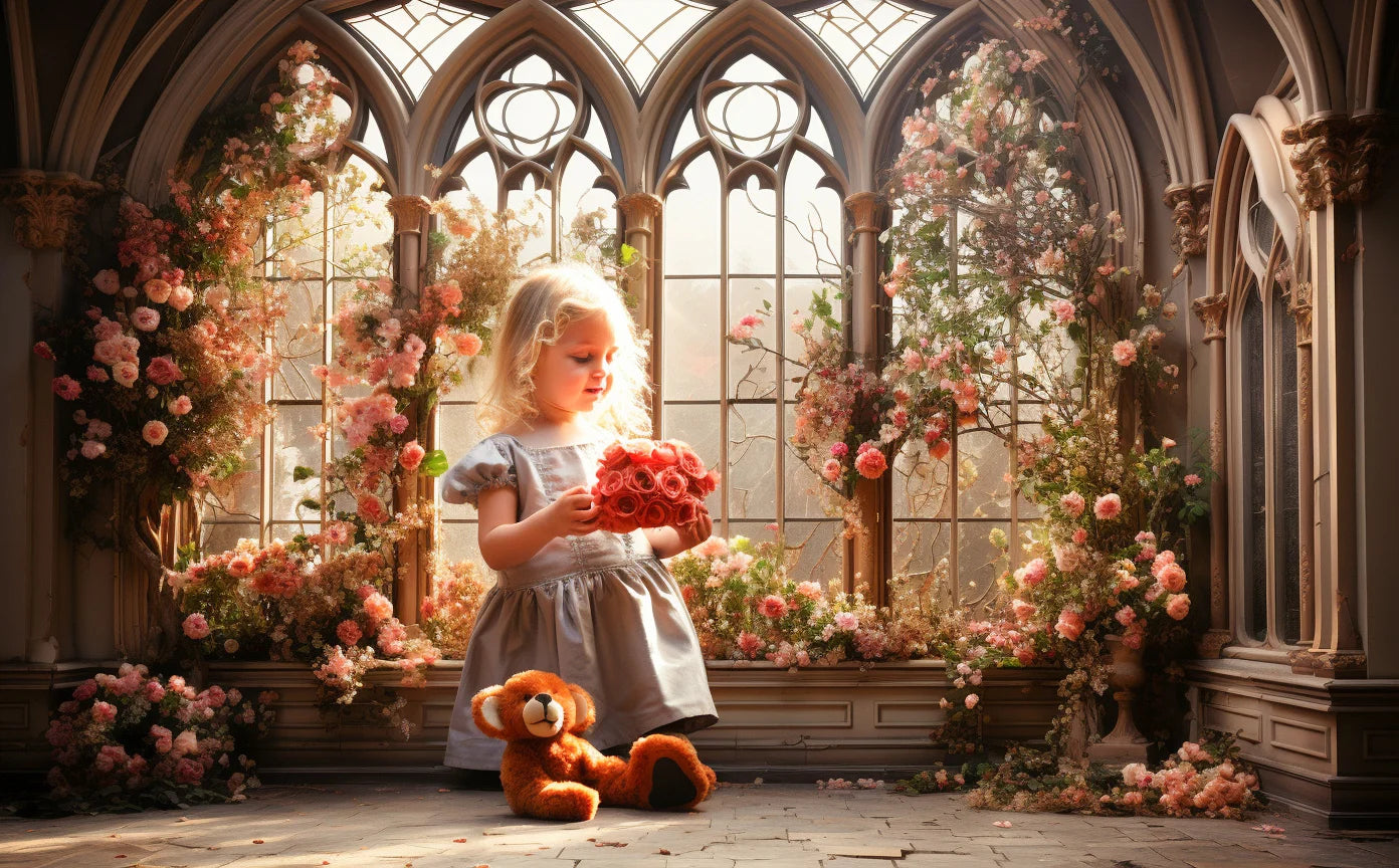 Castle Windows Backdrops Kids Gril Photography Props Child Adult Photocall Decors Spring Floral Garden Backgrounds