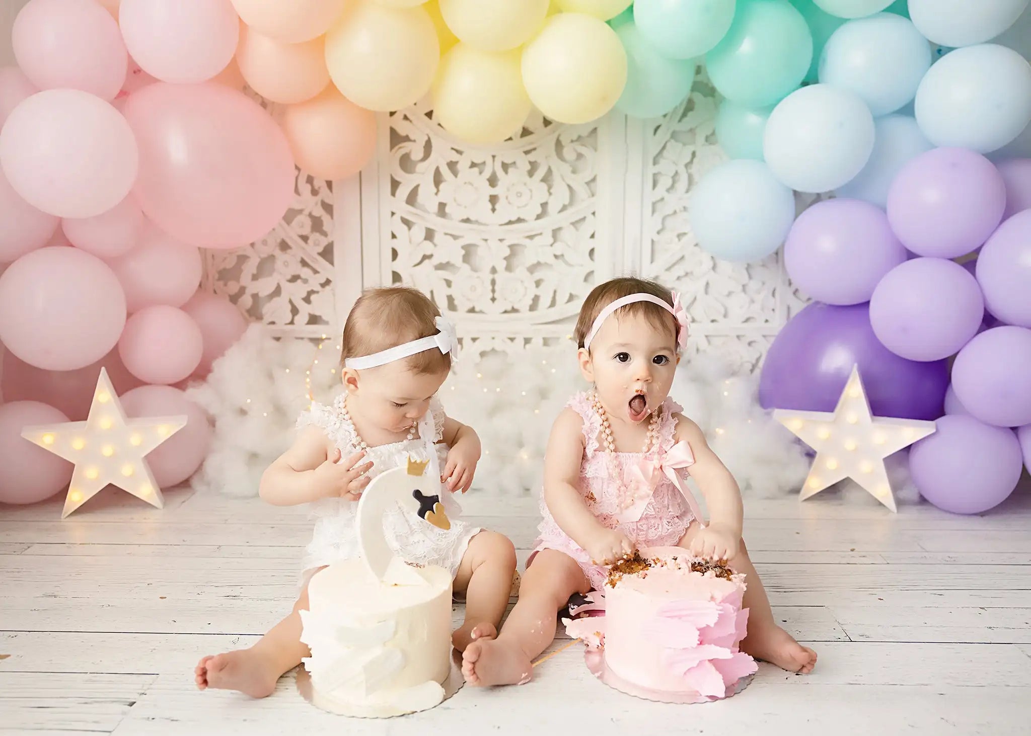 Star Crossed Rainbow Backdrops Kids Baby Cake Smash Birthday Backdrops Child Photocall Balloons Photocall Backgrounds