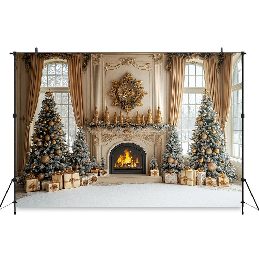 Christmas Backdrop with Fireplace and Large Window Baby Kids Portrait Family Party Photocall Photograhy Background Birthday Prop