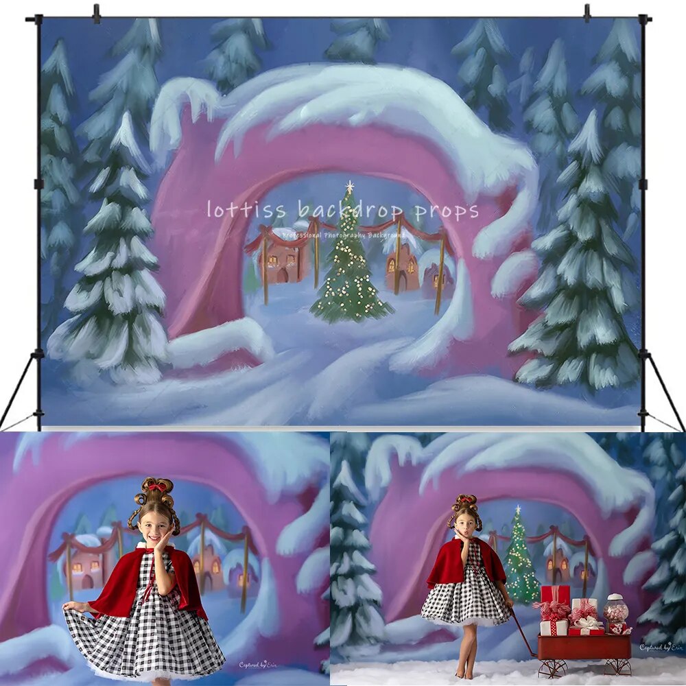 Noël maison enneigée décors bébé enfants Portrait photographie enfant Photostudio arbres de noël hiver neige bonbons arc arrière-plans 