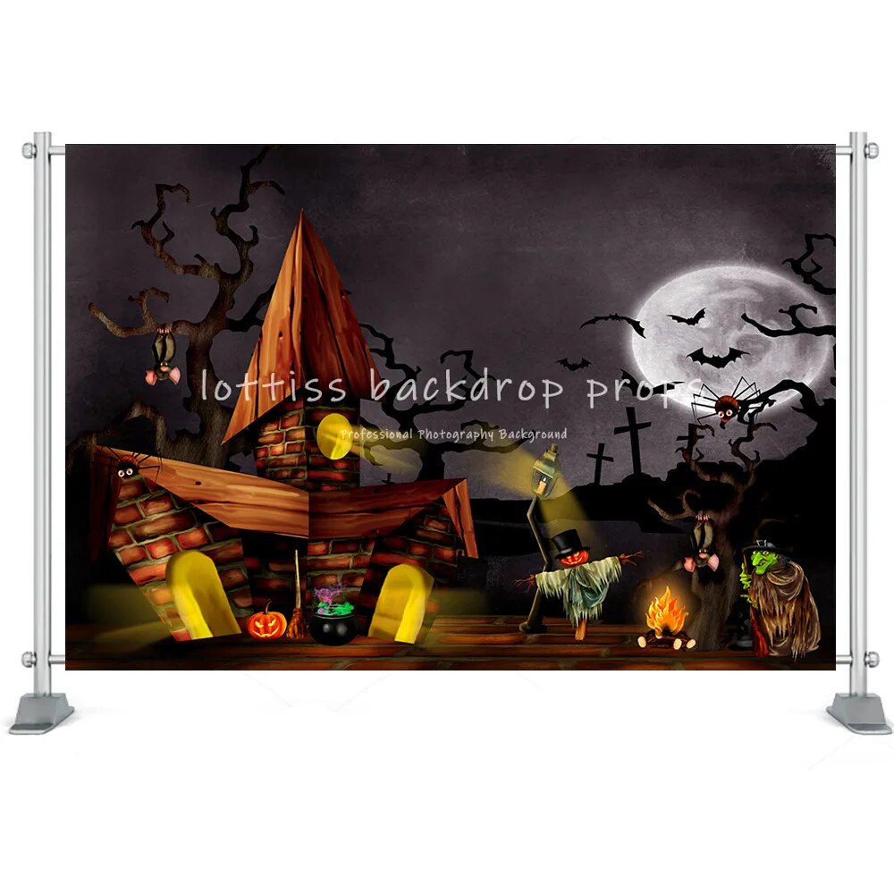 Arrière-plan de maison d'halloween, château, forêt, lune, pierre tombale, décor de Festival, lanterne de citrouille, accessoires de Studio Photo