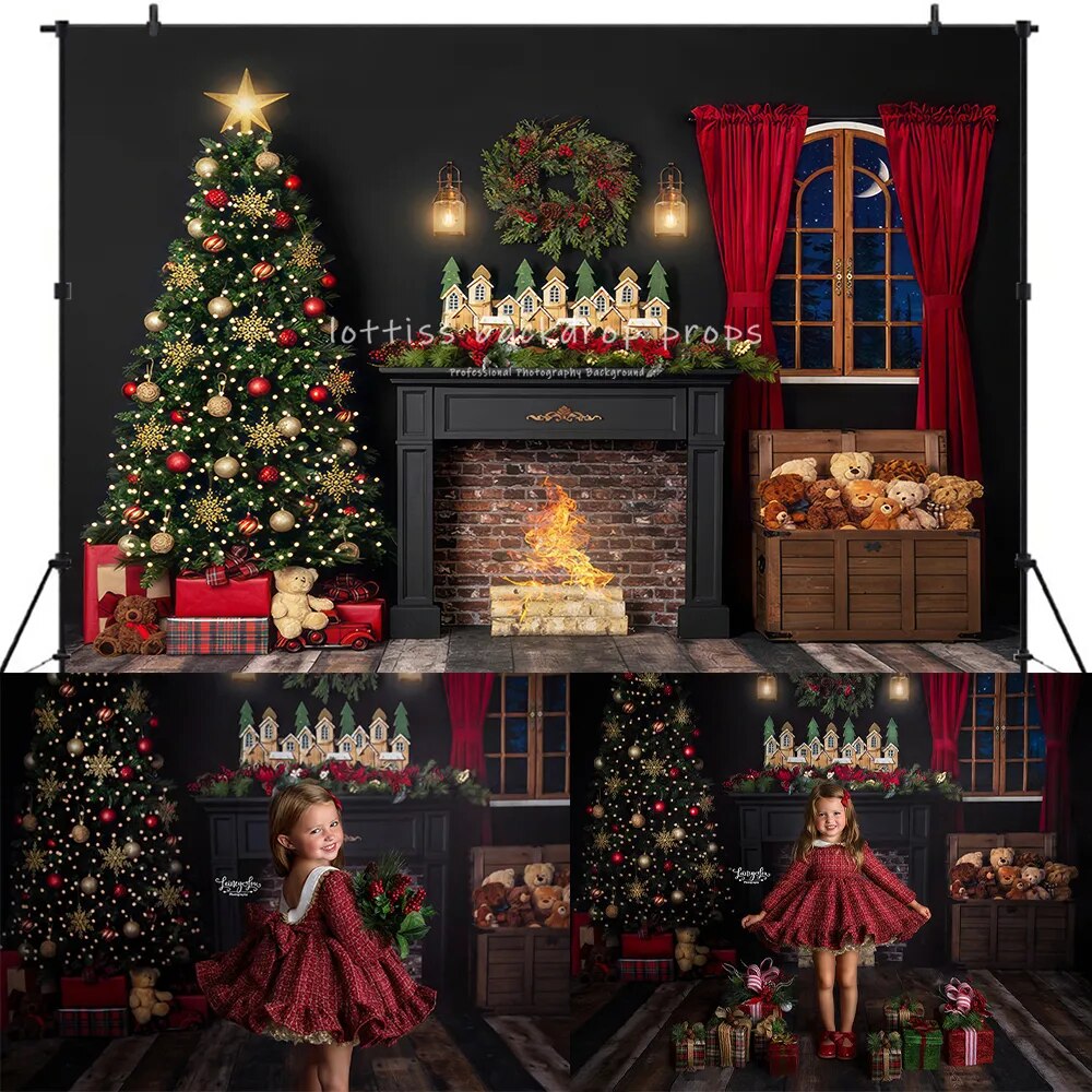 Christmas Santas Fireplace Backdrops Child Family Photography Props Adults Xmas Festival Trees Windows Background