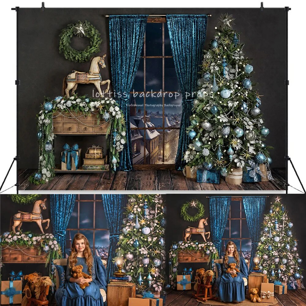 Blue Festivity Christmas Livingroom Backdrops Child Family Photocall Props Xmas Trees Windows Background For Baby Photostudio