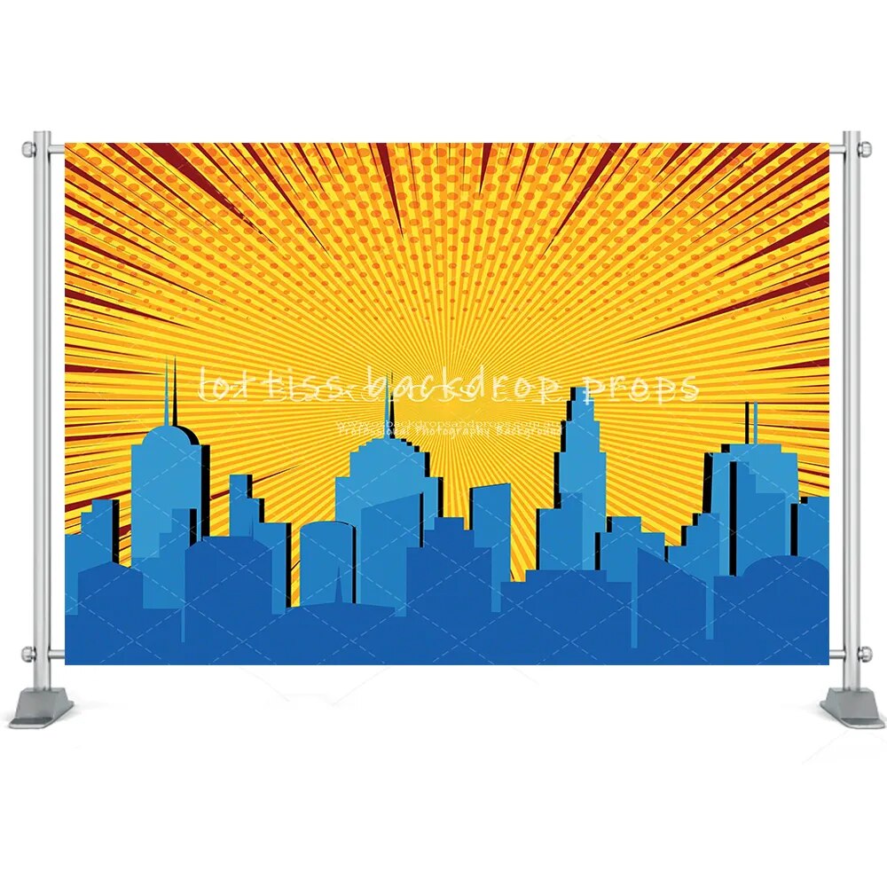 Super City Backdrops Cartoon Superhero Boy Birthday Party Super City Cospaly Photography Cake Table Decor Booth Props