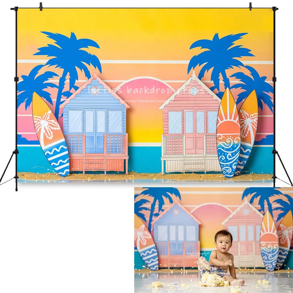 Arrière-plan de plage d'été, lever du soleil, surf, photographie d'enfants, bébé, gâteau d'anniversaire, accessoires Smash, arbres de palmier de bord de mer 