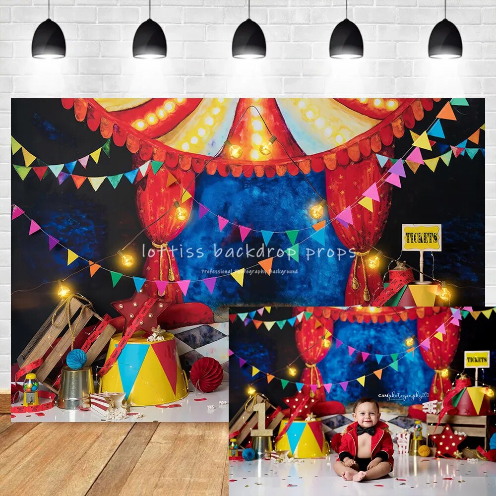 Arrière-plan de cirque Ringmaster pour enfants, accessoires de gâteau Smash, bannière d'anniversaire pour bébé, décor de fête pour bébé, arrière-plan de studio photo pour enfants 