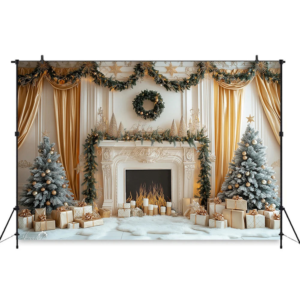 Christmas Backdrop with Fireplace and Large Window Baby Kids Portrait Family Party Photocall Photograhy Background Birthday Prop