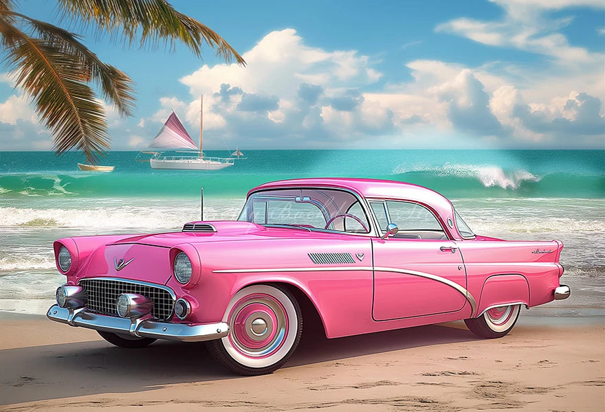 Classic Pink Car Sits on the Beach Photography Backdrop Kids Baby Cake Smash Photocall Decors Summer Plam Tree Studio Background