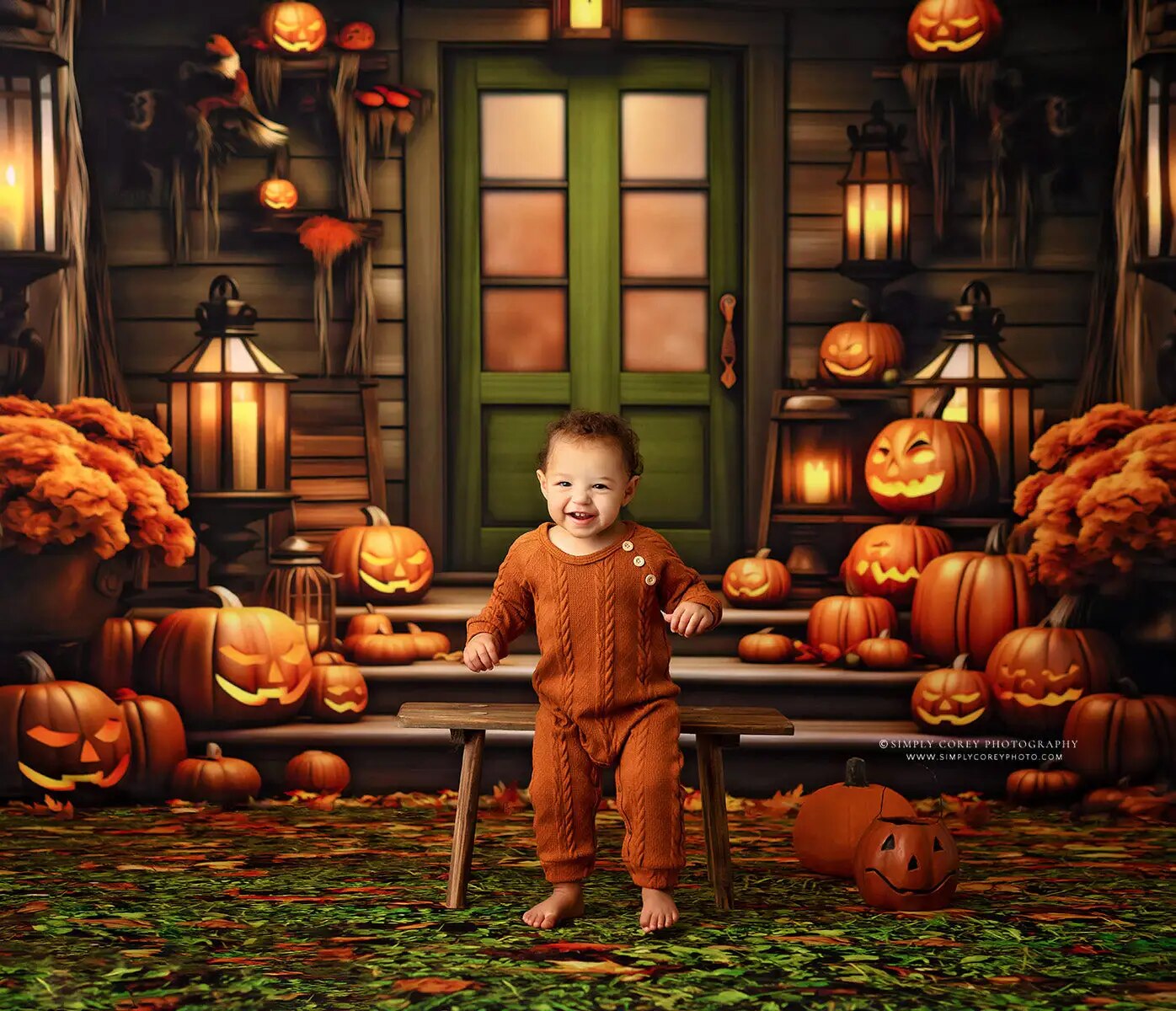 Pumpkin Porch Green Door Backdrops Kids Adult Photography Child Baby Photocall Props Autumn House Front Background