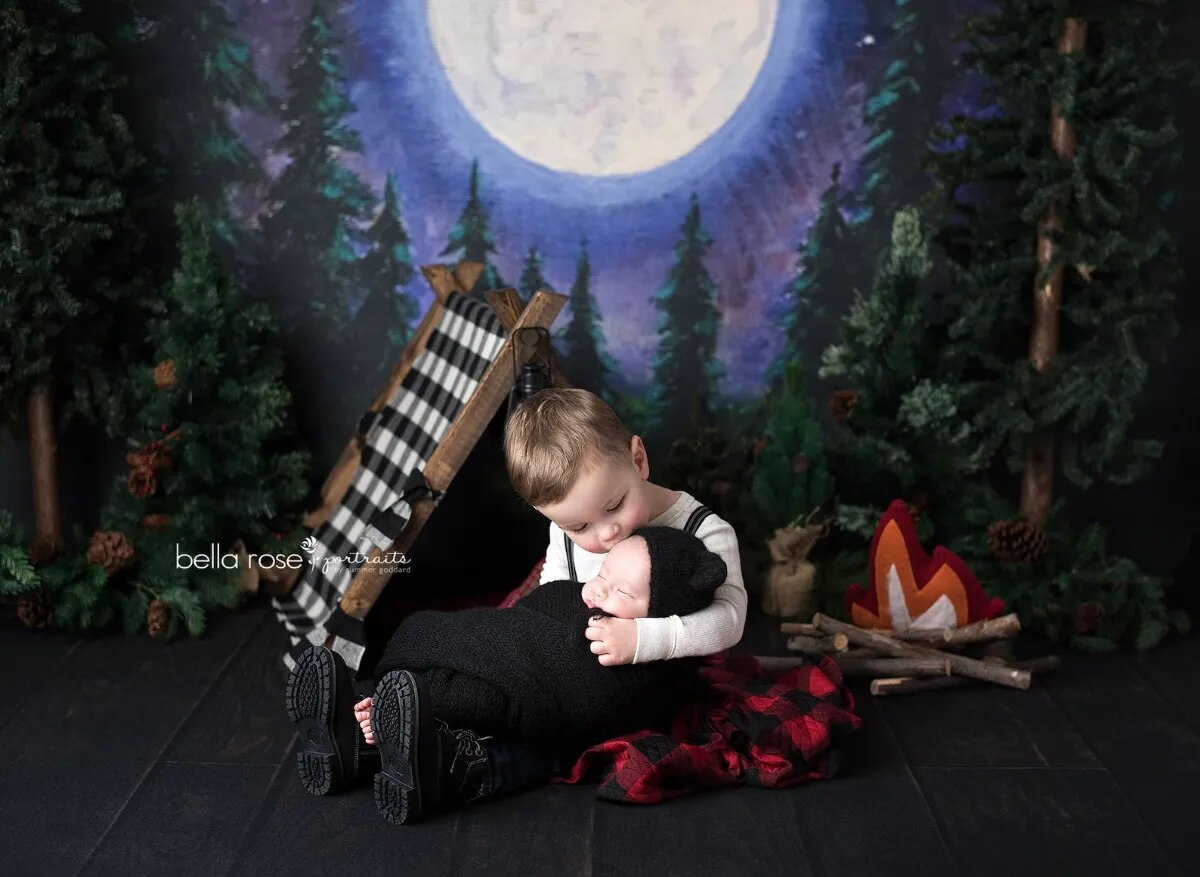 Arrière-plan de forêt grande lune pour enfants, arrière-plan de photographie de gâteau Smash, arbre d'anniversaire, nuit, accessoires de fête pour enfants, studio photo 